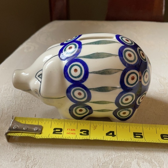Polish piggy bank by Manufaktura w Bolestawcu peacock leaves pattern, ceramic - Picture 8 of 10